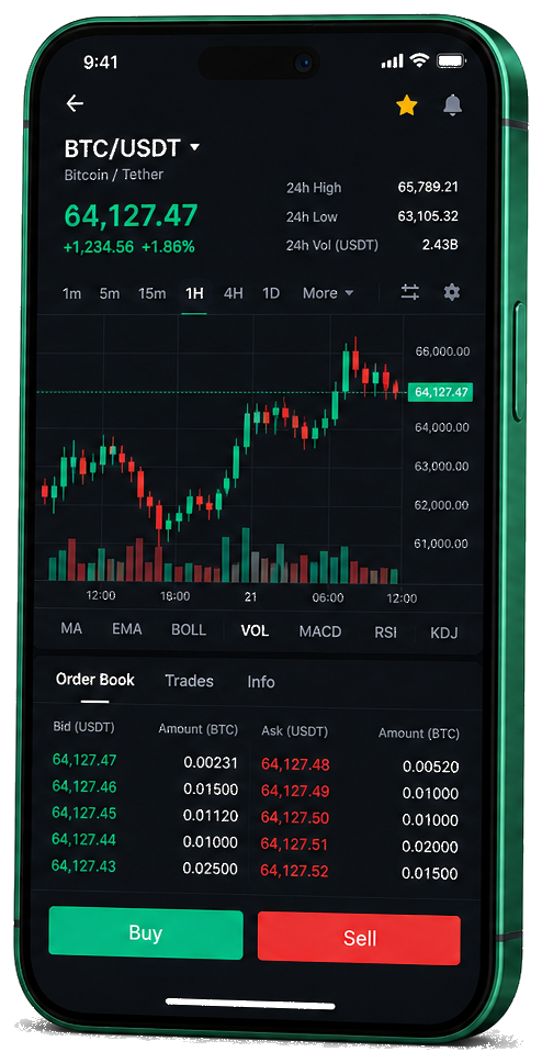 Interface mobile Legacy Bitfundex — graphique BTC/USDT en temps réel, carnet d’ordres et outil de trading